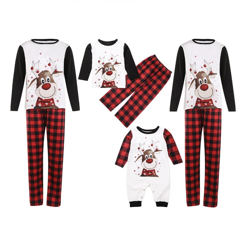 Matching Family Christmas Pajamas Set with Reindeer Print Raglan Tops and Plaid Bottoms for Cozy Nights at Home