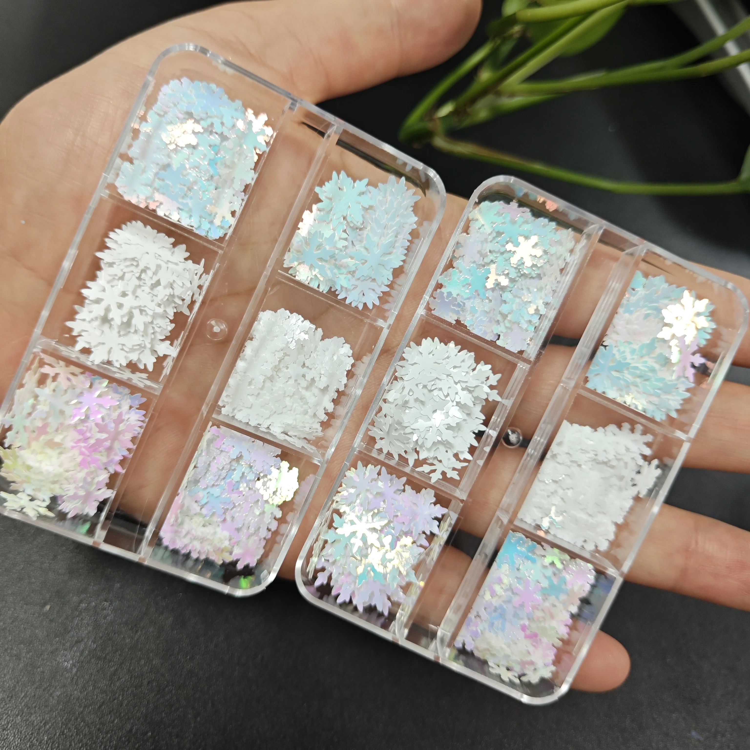 6Grid/Doos Kerst Aurora Witte Sneeuwvlok Nagel Pailletten Gemengde Grootte Glitter Laser Sneeuwvlok Nagelvlokken DIY Kerst Sneeuwvlok Pailletten