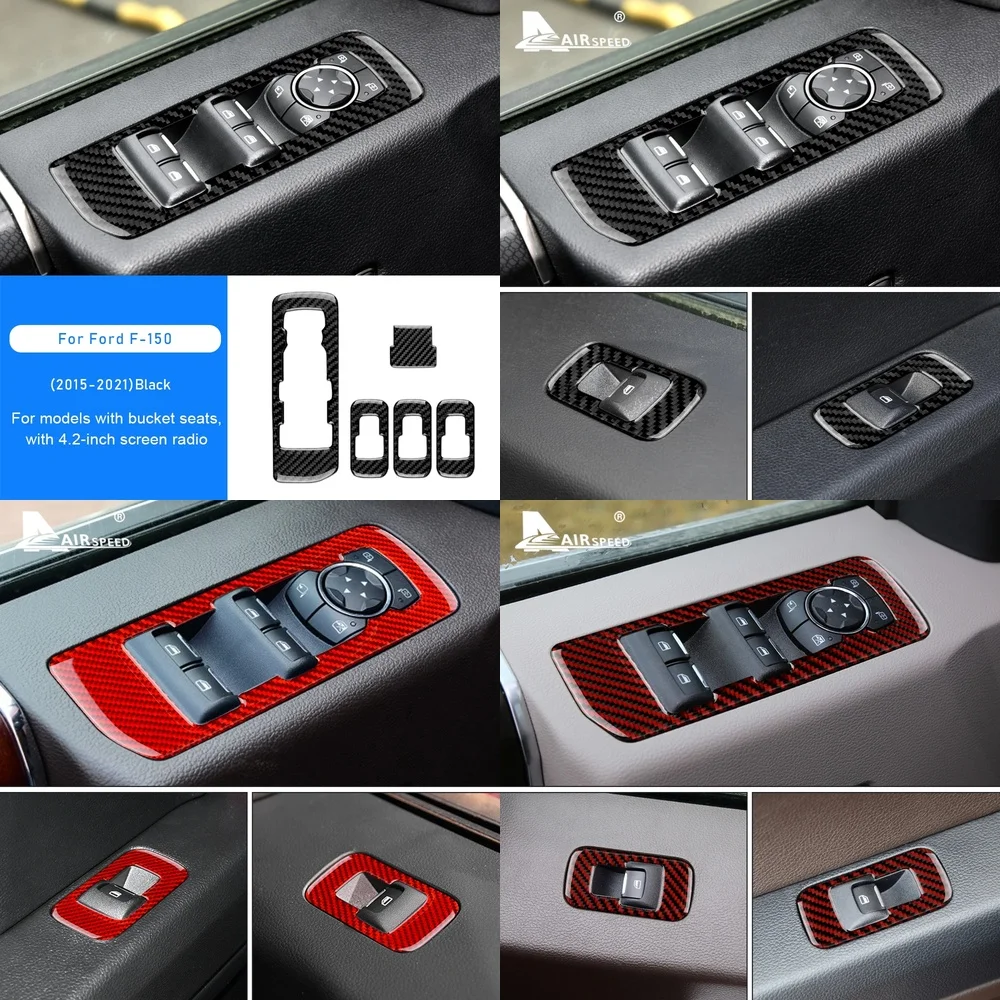 カーボンファイバー製ドアウィンドウスイッチパネルカバーステッカー-フォードf150-2015-2016-2017-2018-2019-2020-2021-インテリアトリムアクセサリー