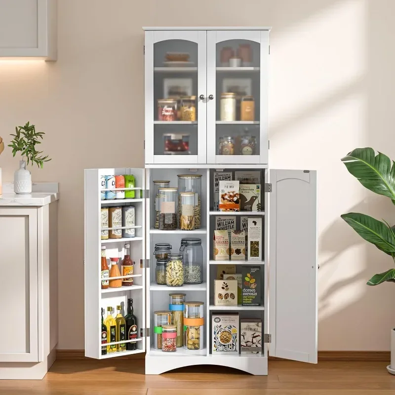 

%a 64" Kitchen Pantry Cabinet, Tall Storage Cabinet with Glass Doors and Adjustable Shelves, Freestanding Floor Cabinet Cupboa