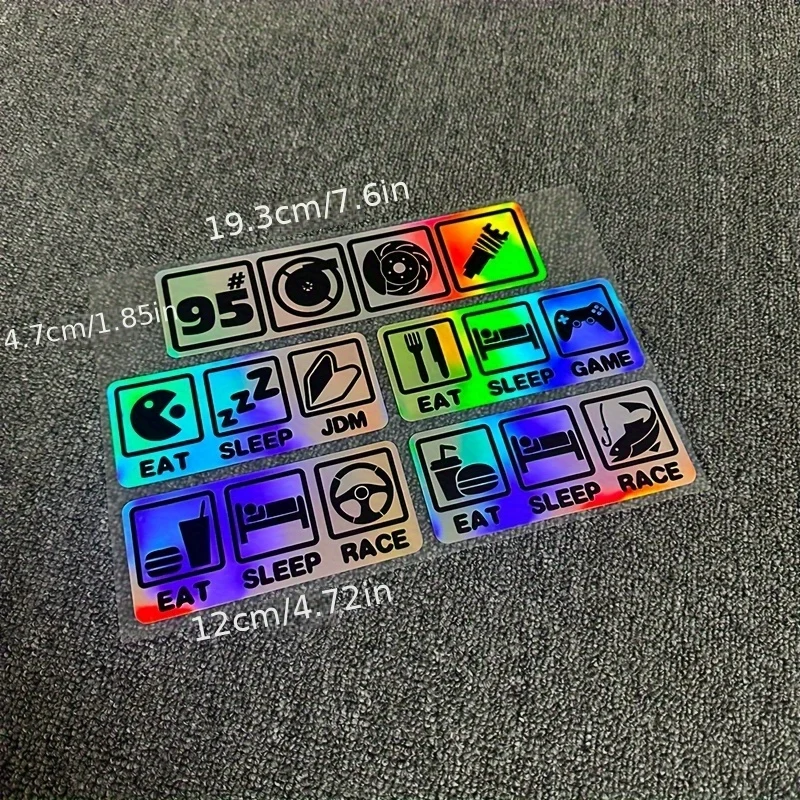 1SET Eat Sleep Themed Sticker Pack JDM Racing Turbo Holographic Vinyl Decals for Car Decoration