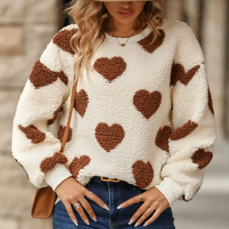 

2025 Women's European and American Style Autumn Winter Plush Heart Print Loose Long Sleeve Round Neck Pullover Sweatshirt