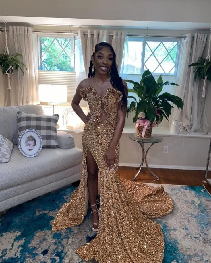 Sparkling Gold Long Mermaid Prom Gowns For Women Luxury Studded Diamante Sexy High Split Birthday Dresses Vestidos De Gala 2024