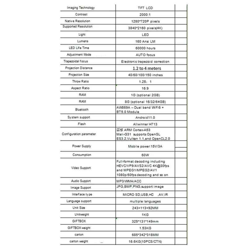 AS95-4K Wifi Projector K2 PTZ Smart Android11 Portable Home Theater Video LED Bluetooth Mini Projector