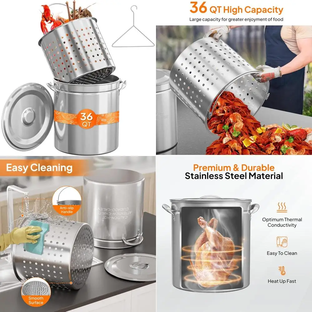 

Stainless Steel 36-Quart Seafood Boil Pot with Strainer Basket and Lid, Perfect for Crab, Lobster, Shrimp Boils and Stock Making