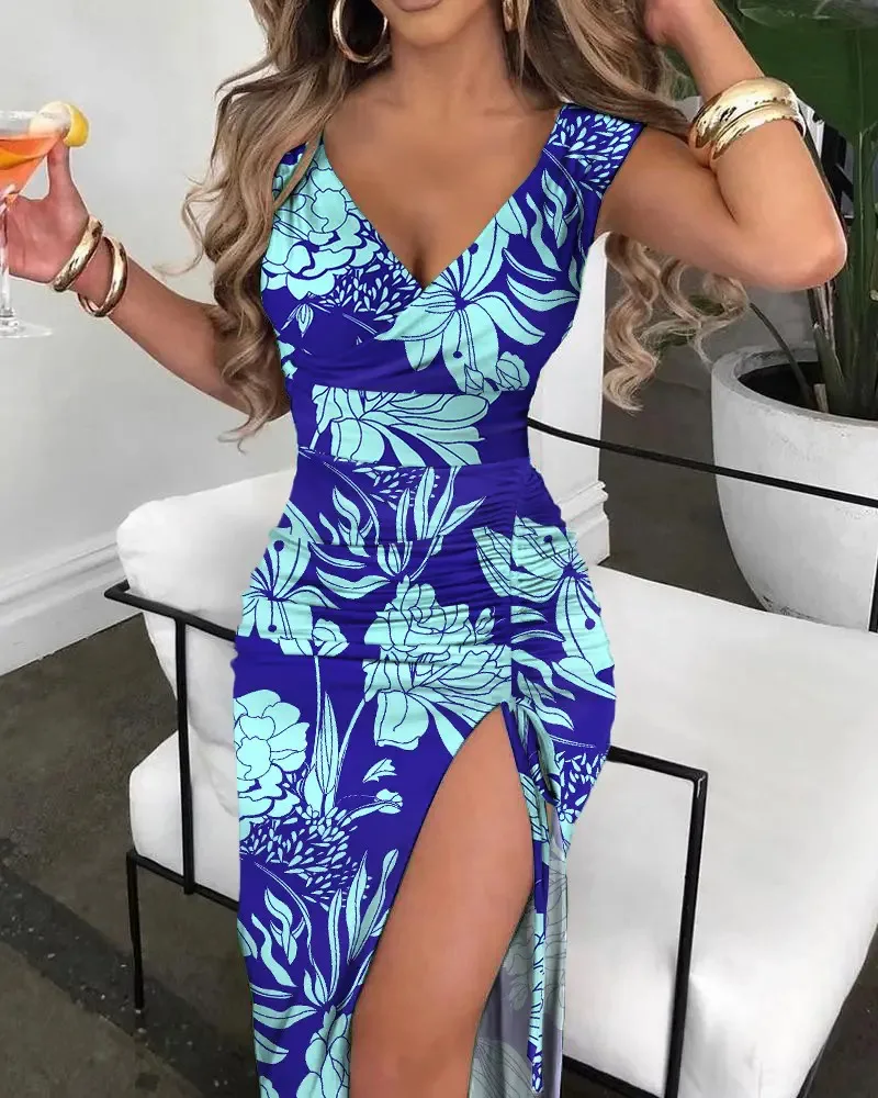 Elegant Women's Dress 2024 Summer Flower Print Deep V-Neck Sleeveless Sexy Drawstring High Split Slim Fit Holiday Party Dress