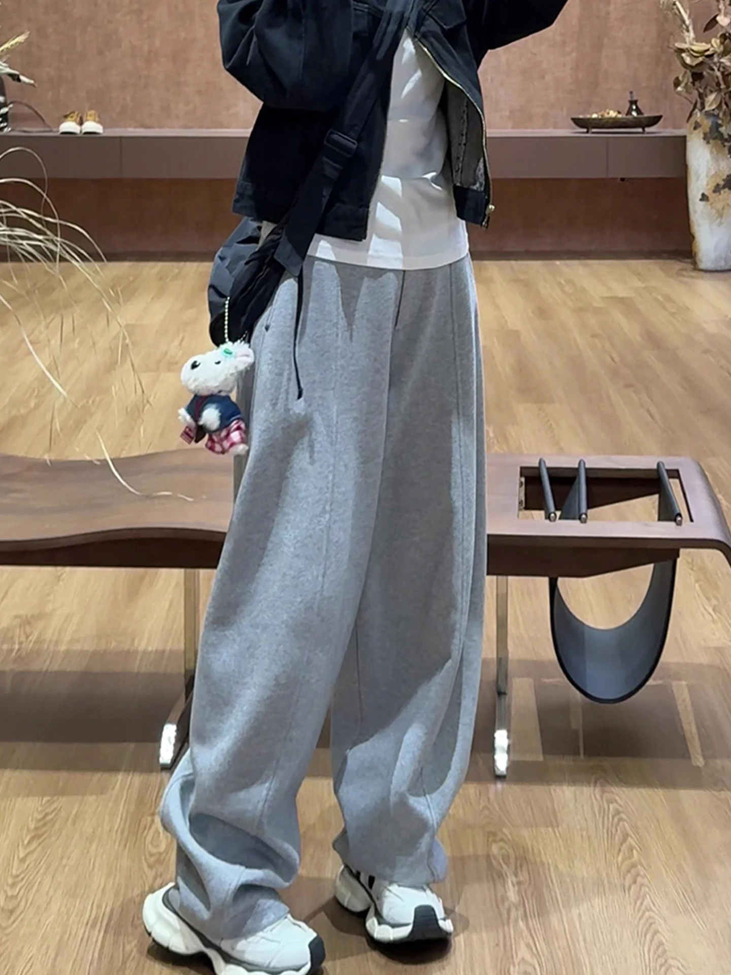 Faionable pantalones sueltos de pierna ancha Color puro Spor pantalones casuales coreano Sle corte recto l cintura para ir al trabajo amigable