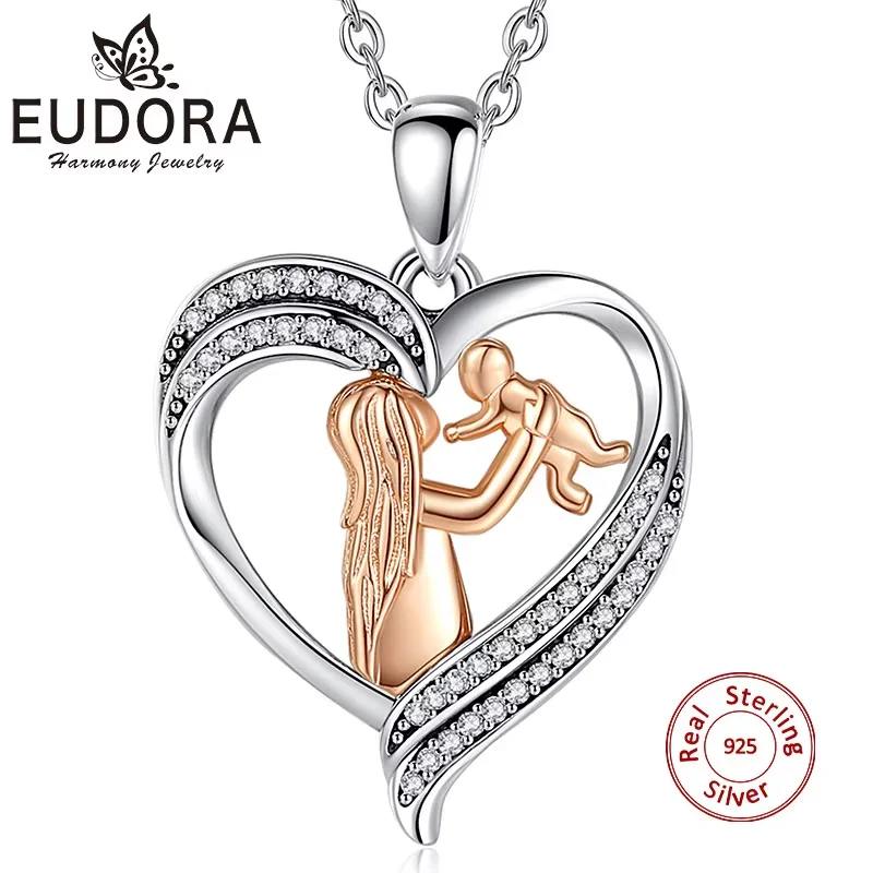 

Eudora 925 Sterling Silver Mother and Baby Necklace Daughter Son Love Heart Pendant silver Jewelry Gifts for Grandmother Mom