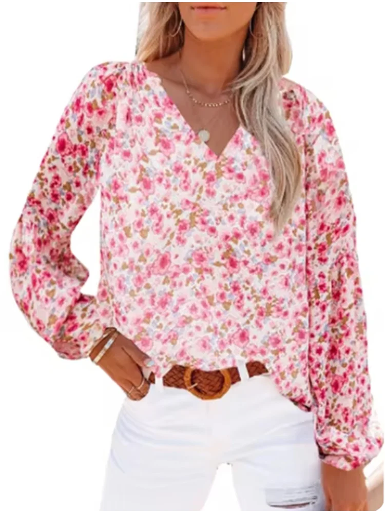Women's V-neck Lantern Long Sleeved Floral Print Elegant T-shirt Street Trend Fresh Sweet Style Autumn Top