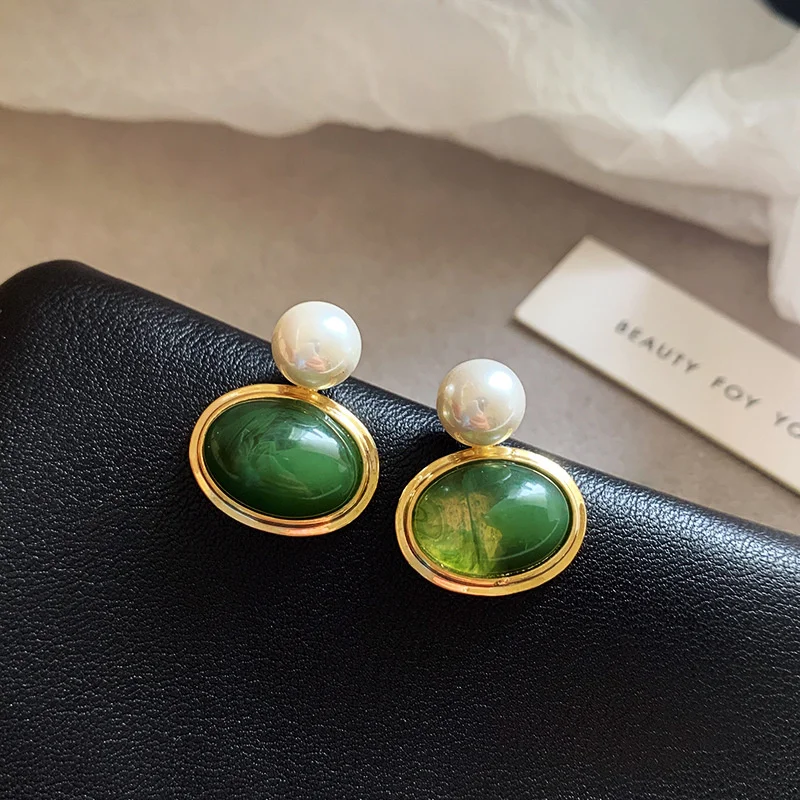 Adolph Trending French Green Stone Ellipse Stud Earring For Women Elegant Texture Korean Cheap Earring Fashion Jewelry Gifts New