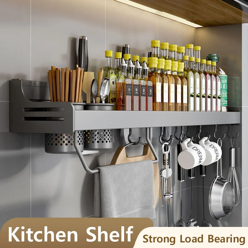 Kitchen Shelf, Perforated Wall-mounted Seasoning Shelf, Knife Shelf Multifunctional Storage Shelf