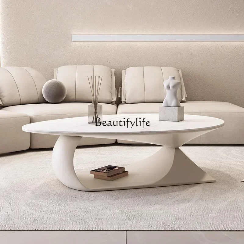 طاولة قهوة مستديرة كريمية بسيطة وحديثة على شكل خاص من الخشب الصلب لغرفة المعيشة طاولة قهوة فاخرة من ألواح الروك #3