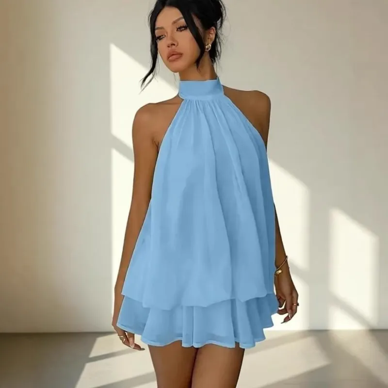 Boho Beach Vacation Womens Dress Chiffon Blouses 2 Pieces Sets Halter Neck Tea Break Short Skirt 2026 Summer Sexy Backless Women