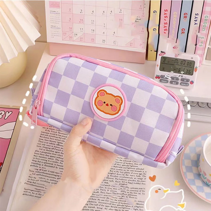 Estuche de lápices Kawaii portátil de gran capacidad, bolsa de bolígrafo de lona, bolsa de cosméticos Linda para estudiantes, suministros escolares