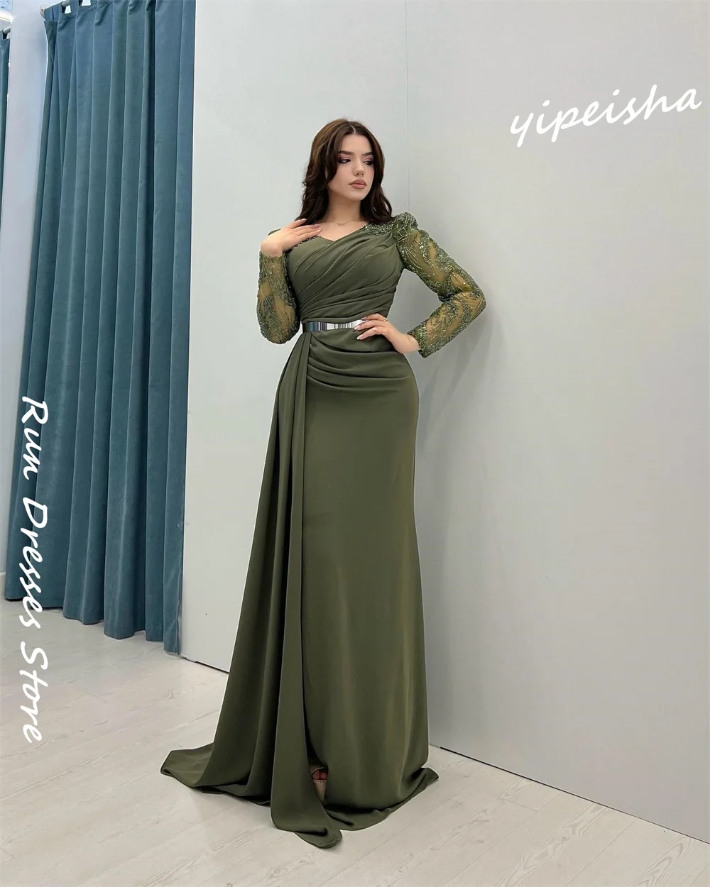 Customized Evening Jersey Sequined Beading Ruched Beach A-line V-neck Bespoke Occasion Gown Long Dresses  Sexy Casual