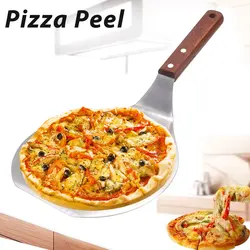 Stainless Steel Pizza Peel Metal Round Pizza Paddle Pizza Spatula with Wood Handle Cake Lifter Transfer Tray Pizza Shovel