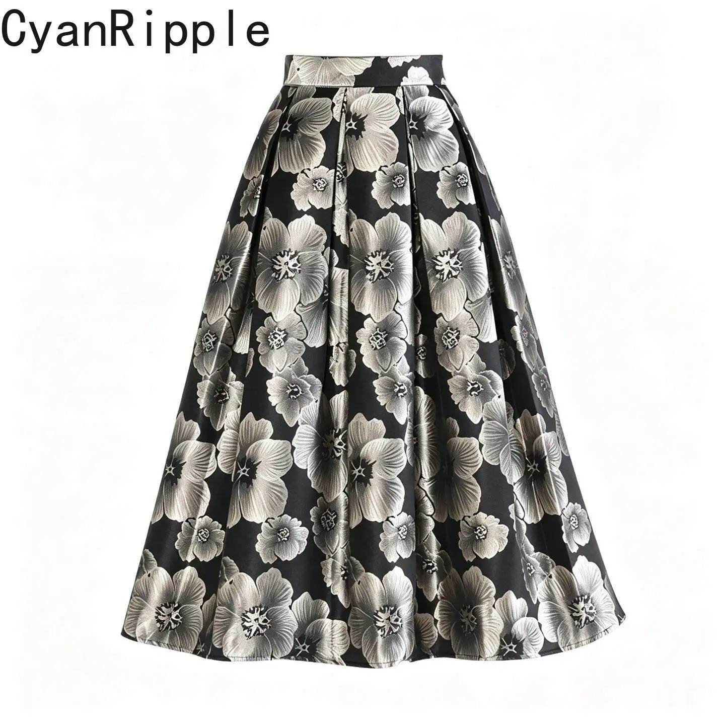 High Quality New Autumn Vintage Hepburn Embroidery Jacquard Puffy Skirt Elegant High Waist Mid-length Casual A-line Long Skirts