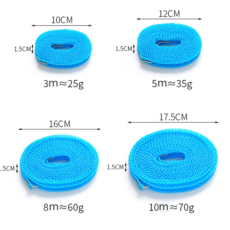 Corda de Nylon portátil à prova de vento, varal tipo cerca, secagem e edredão, ao ar livre, 3 m, 5 m, 8 m, 10m
