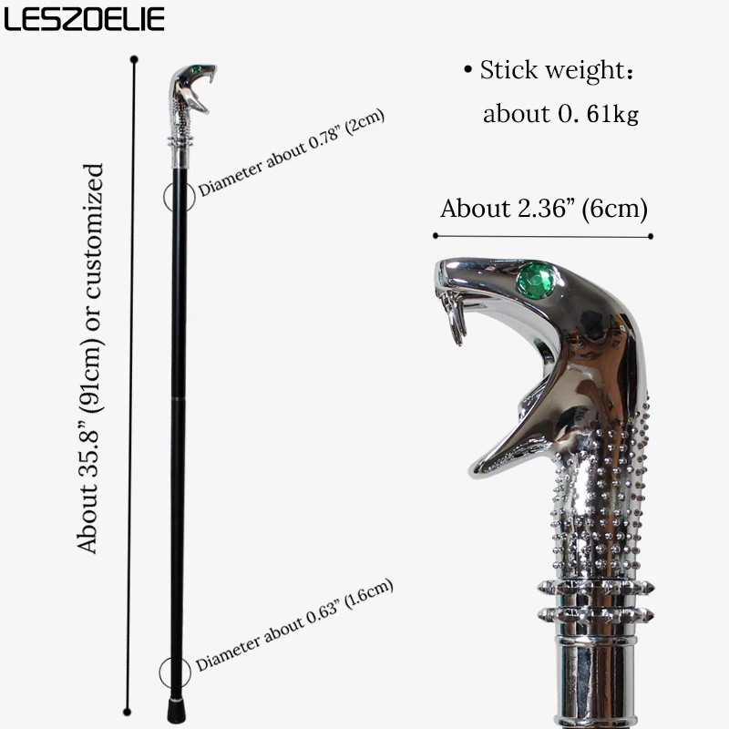 Tongkat Jalan Wanita Bergaya dengan Desain Kepala Ular Cobra Perak Cerah, Mata Hijau, dan Duri yang Menonjol