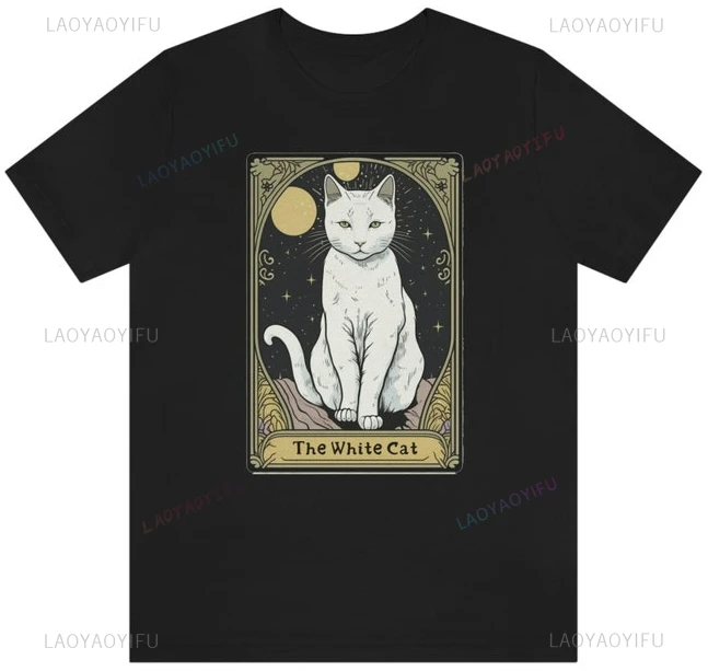 The White Cat Tarot Card Lady Card Mom Gifts Cottagecore Short-sleev Casual Harajuku O-neck New Style Stretchy Printed Tops Tee