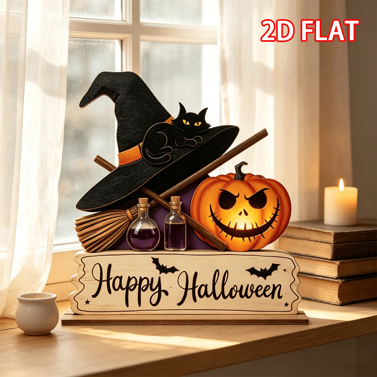 2/1 Piece Pumpkin Bat Witch Hat Black Cat Halloween Themed Wooden Desktop Decoration, 2D Flat Thickened Vintage Magic-Style Wooden Stand, Broom Magic Bottle Pumpkin Black Cat Ornament, Halloween Window and Entryway Atm