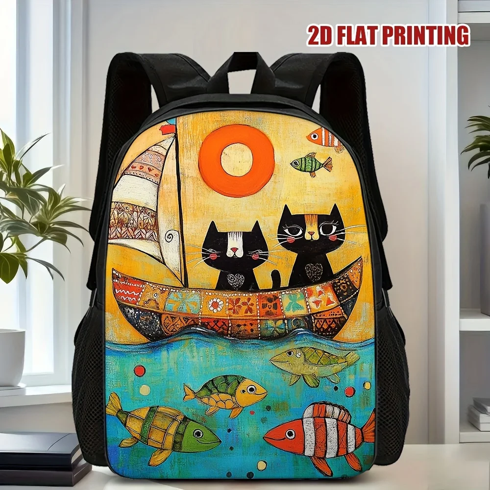 1 mochila Cat Adventure Fleet de gran capacidad - Diseño con estampado gráfico 2D, estampado de gato negro, velero y peces, ligera