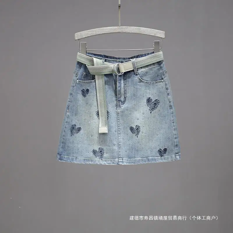 Spring and Summer Love Embroidered Denim Skirt with High Waist for Slimming  Shining  Short Skirt Wrapped Hip Skirt