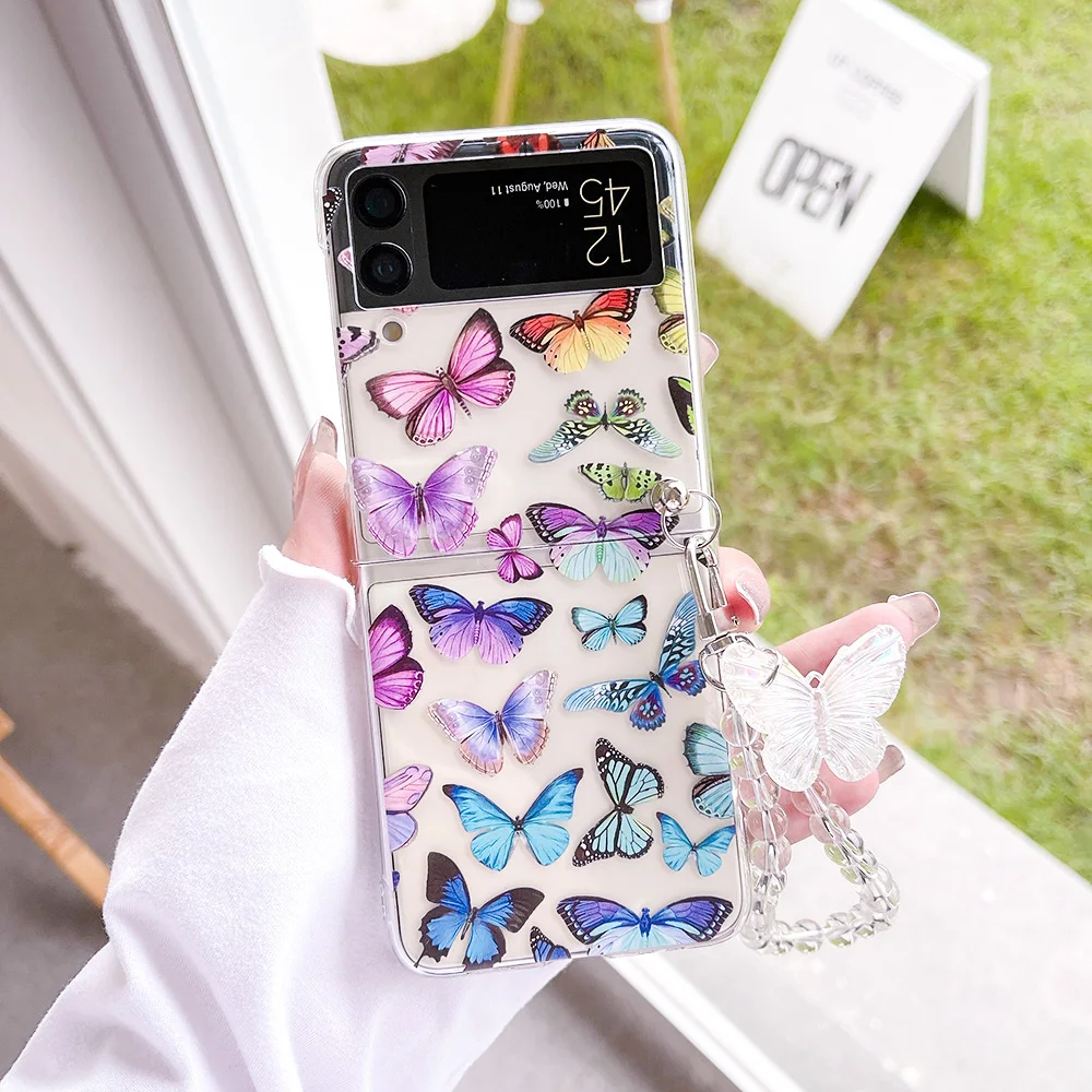 For Samsung Galaxy Z Flip 4 3 Case Butterfly Painted Bracelet For Samsung Z Flip3 Case Transparent Shockproof PC Hard Back Cover