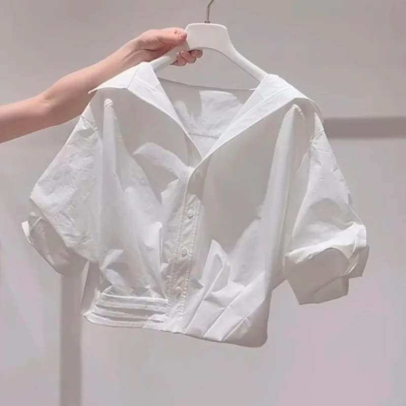 

Ladies Elegant Lapel Short Sleeve Blouse Slim Waist Casual Daily Summer Shirt