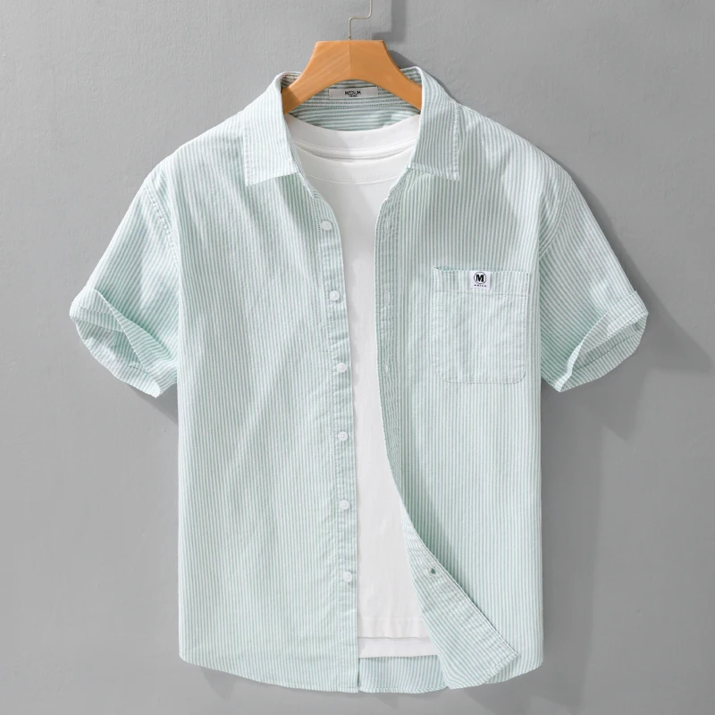 

2026 Summer New Casual Striped Pure Cotton Short Sleeve Shirt for Men Clothing Slim Turn-down Collar Shirts