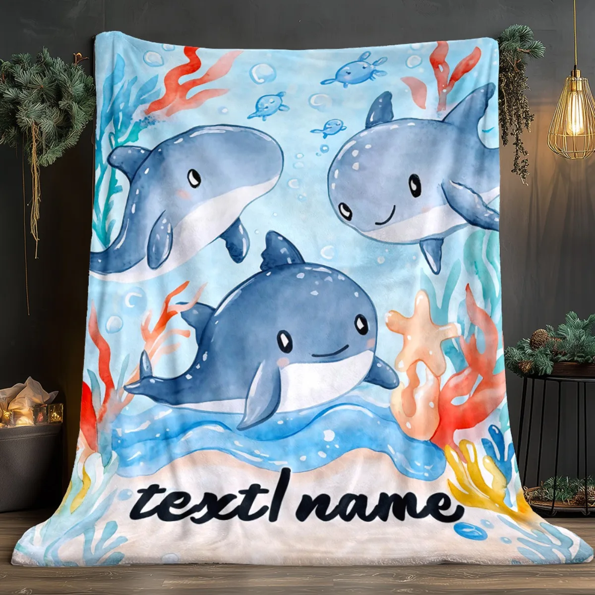 1 customized dolphin group name blanket, lightweight flannel sofa cover blanket, suitable for outdoor camping, living rooms,
