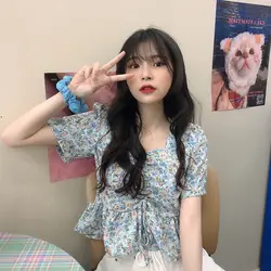 Clothing Short Sleeve Cute Women's Shirts and Blouses Kawaii Top for Woman Crop Floral with Bow Korean Style Modern Long Pretty