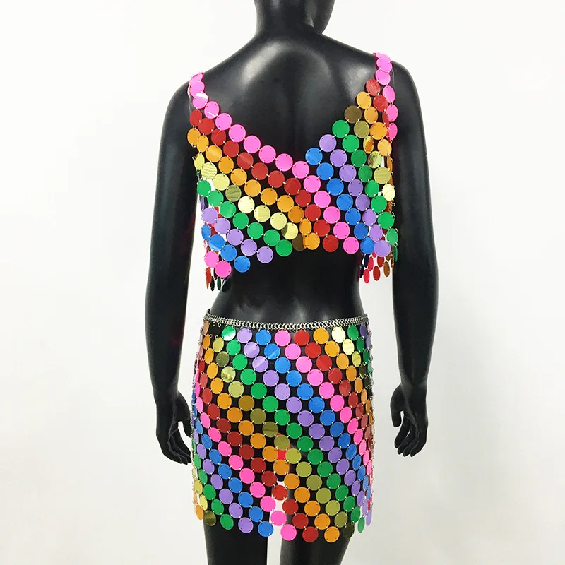 Rainbow Sequin Disc Cami Top Handmade Squamous Glitter Sequins Patchwork Strappy Nightclub Party Skirt and Halter Top 2026 image 6