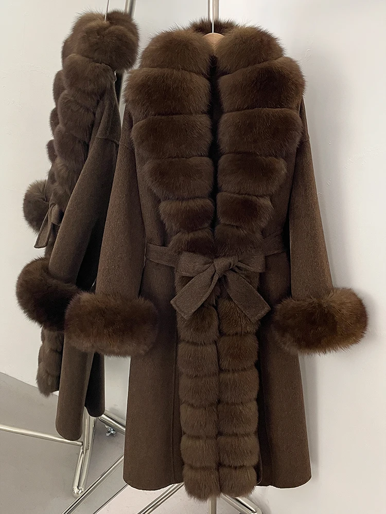 المرأة طويلة كبيرة الثعلب الفراء Pinnacle 100% معطف الصوف 2025 جديد الخريف الشتاء ClothesFemale حزام الفراء الطبيعي طوق سترة صوفية #5