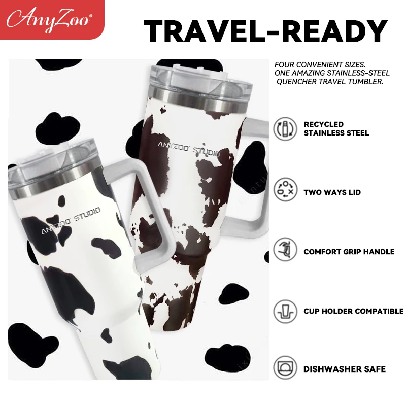 40 oz tumbler with handle with Straw Lids Stainless Steel Coffee Termos Cups Car Mugs vacuum cup Cute Cow Print Thermos Cup