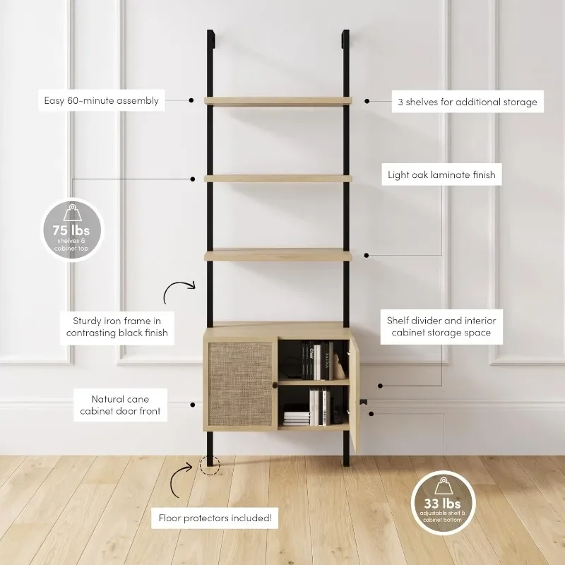 Theo Ladder 3 Tier Open Boekenplank Met Rotan Lades En Mat Stalen Frame, Licht Eiken/Zwart