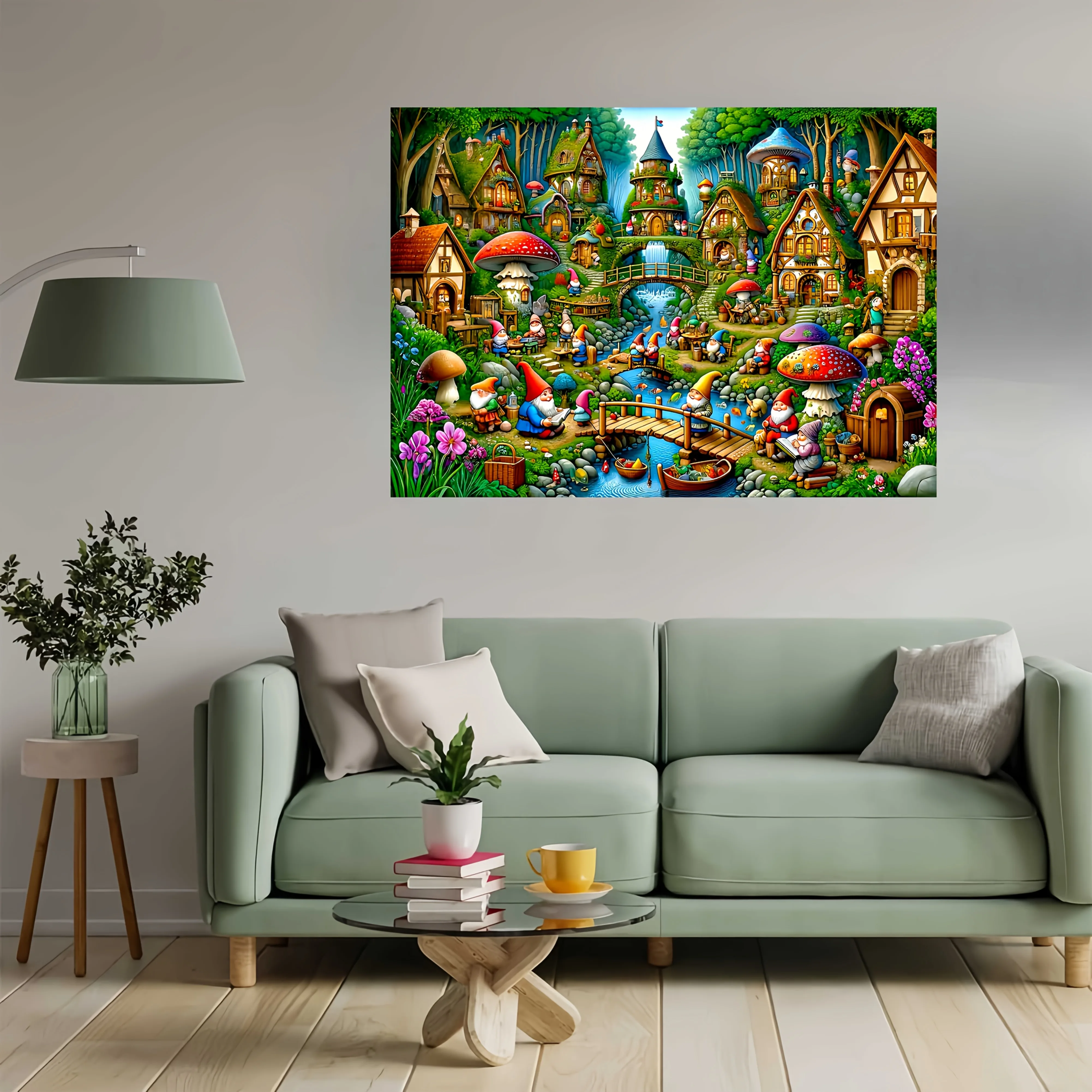 [Fantasy Landscape Puzzle] 1000pcs Dwarfs Village Puzzle - Vibrant Fantasy Landscape with Gnome Houses, Mushrooms & Waterfall,