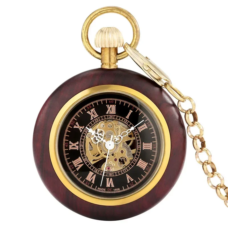 Vintage Skeleton Handwinding Mechanical Pocket Watch Antique Wooden Case with Roman Numerals Dislplay Unisex Gift with FOB Chain
