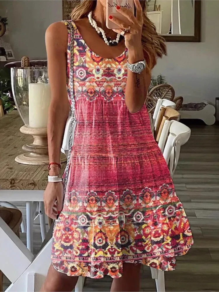 Nowa Letnia Sukienka Sundress Casual z Kwiatowym Nadrukiem Luźna Sukienka Bez Rękawów z Dekoltem O dla Kobiet Moda Boho Wakacyjna Sukienka Plażowa w Linii A