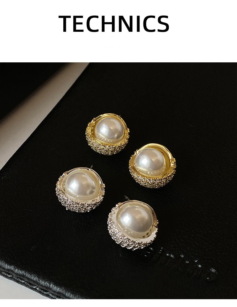 Zierliche, mit Zirkonia besetzte Imitationsperlen-Ohrstecker in Gold- und Silberfarben, runde Ohrringe für Damen, Hochzeit, Party, Alltagsschmuck. – Detail 11
