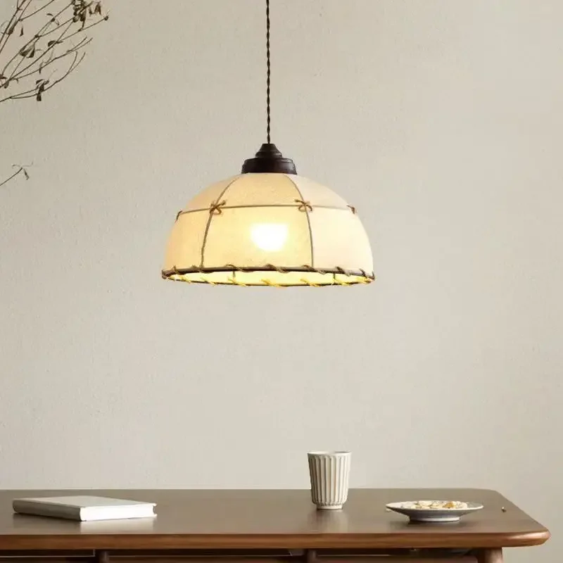 Janpanese Wabi-sabi Retro Linen Cloth Fabric Hanging  LED Pendant Lights Art Indoor Lamp for Bedroom Home Decoration Chandeliers