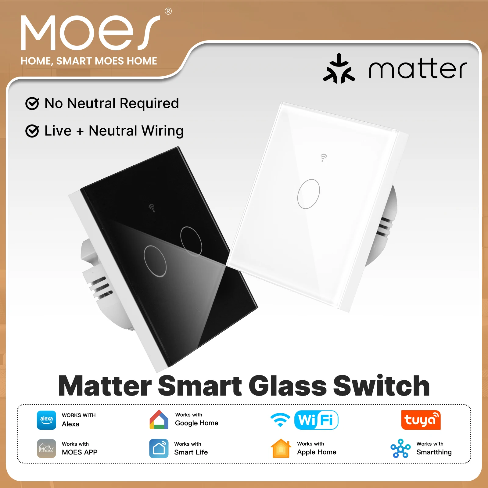 MOES Tuya Matter WiFi  Smart Light Glass Touch Switch Neutral Wire Optional Work with Alexa Google Homekit Apple Smartthings