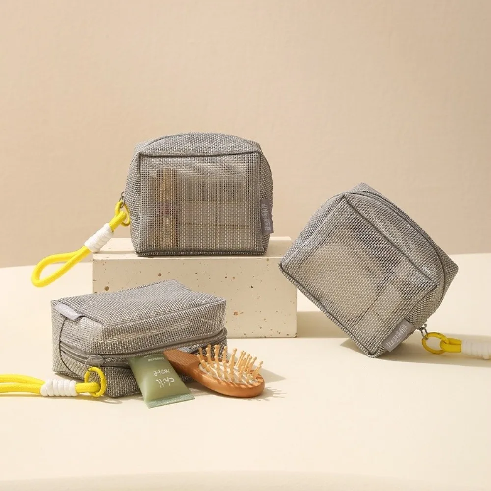 Tas Kosmetik Jala Portabel Kapasitas Besar Abu-abu dengan Resleting, Dompet Koin Persegi, Dilengkapi Pegangan, Tas Perlengkapan Mandi untuk Perjalanan