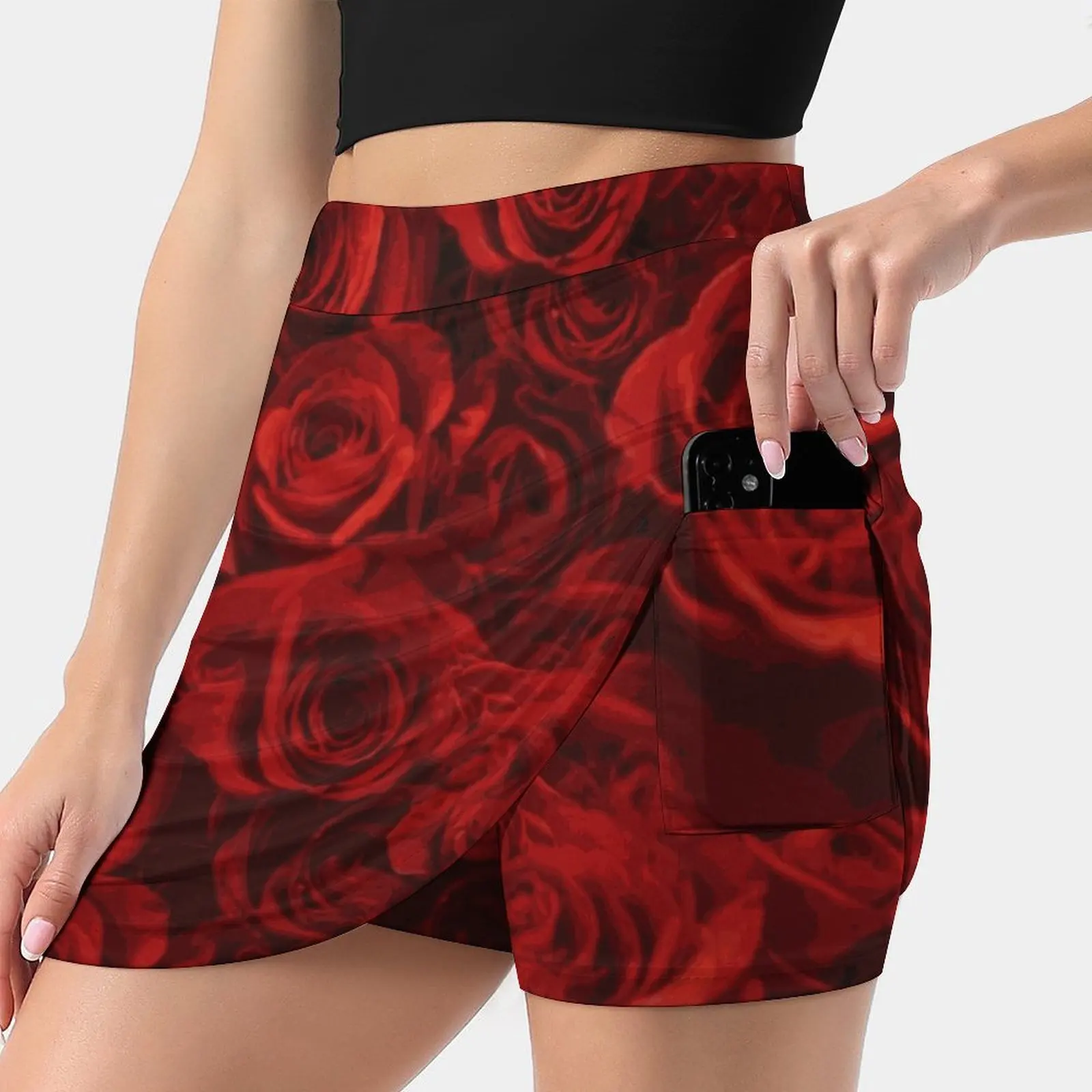 Red Roses Women Tennis Skirts Golf Badminton Pantskirt Sports Phone Pocket Skort Rose Flower Floral Red Red Rose Valentine Love