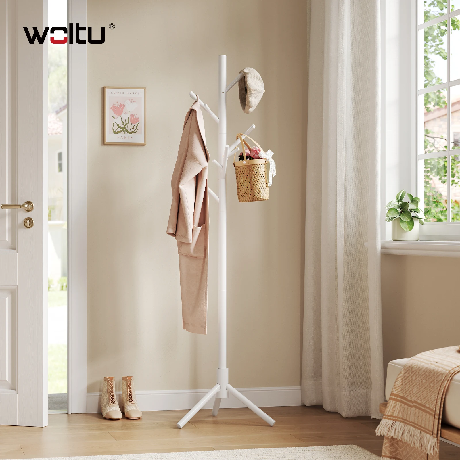 WOLTU Perchero de pie con 13 ganchos, perchero en forma de árbol, perchero de madera ajustable en 3 alturas para pasillo y dormitorio