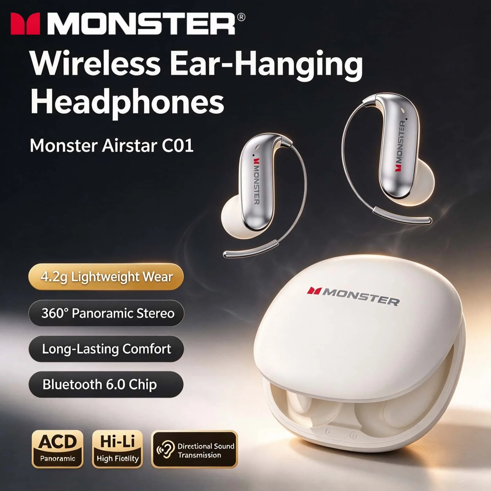 Monster C01 Sports Earphones Open Ear Hook Wireless Earbuds Bluetooth 6.0 Ultra Lightweight Headset Waterproof For Running Gym