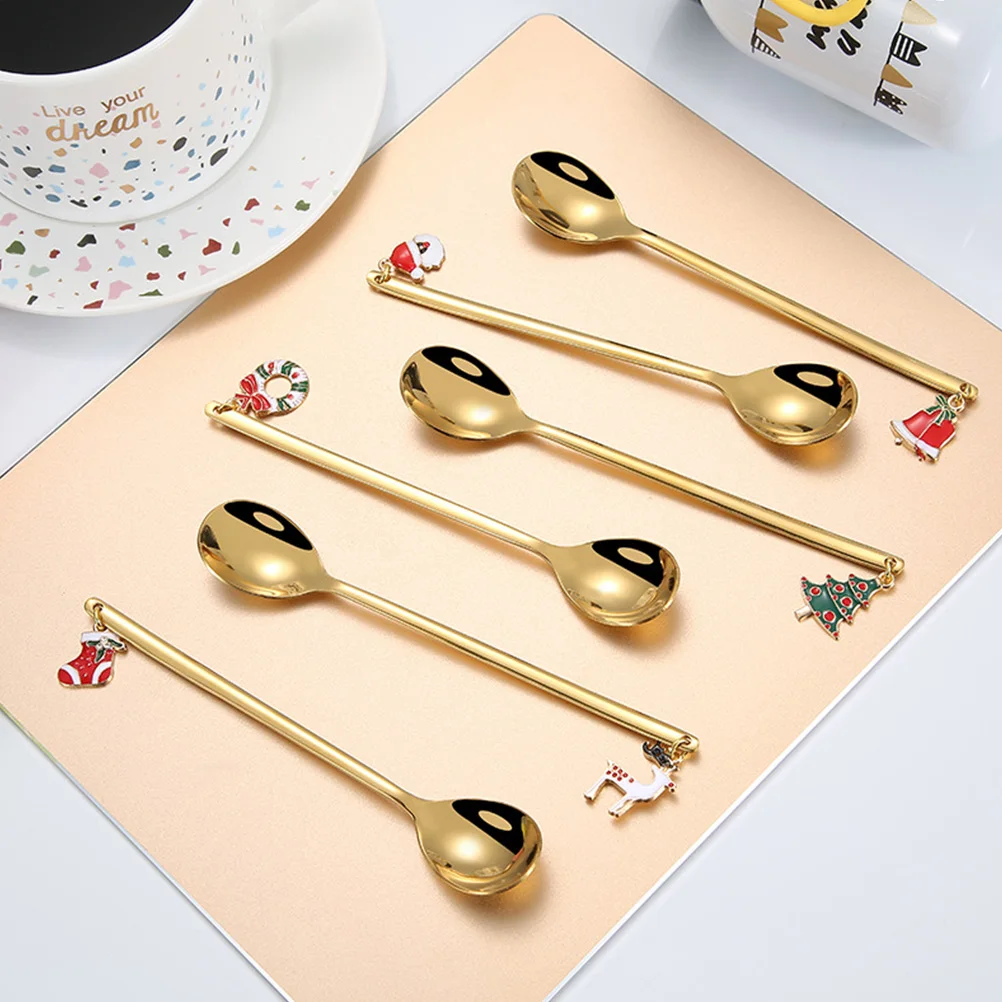 

1 set 1 Set Stainless Steel Coffee Spoons Ice Cream Forks Christmas Pattern Kitchen Utensils Dessert Spoons Forks Kit Household