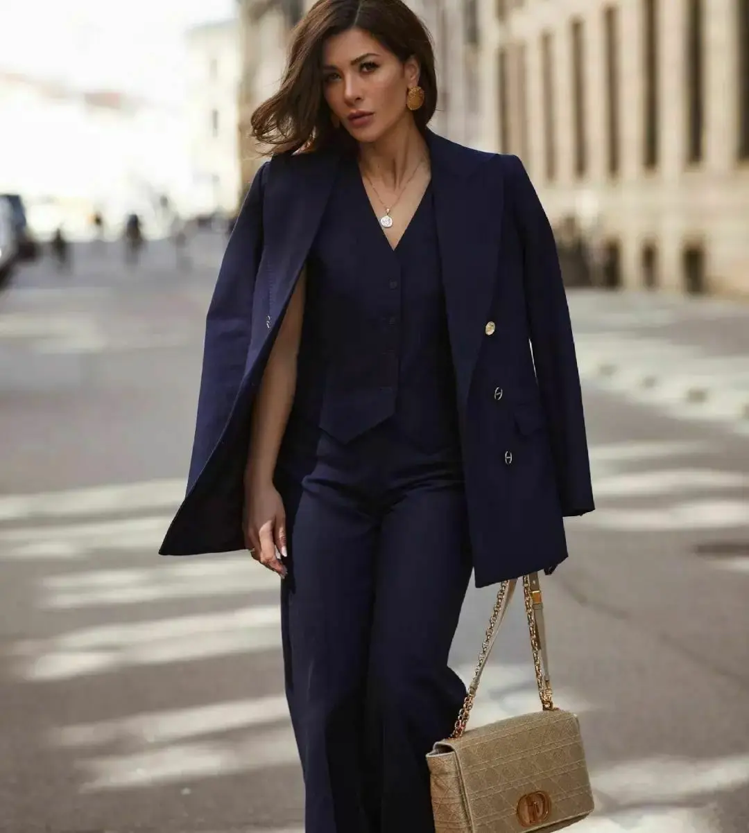 Azul marinho feminino ternos 3 peça conjunto designer (jaqueta + calças + colete) feito sob encomenda formal blazer botão de metal escritório negócios casaco