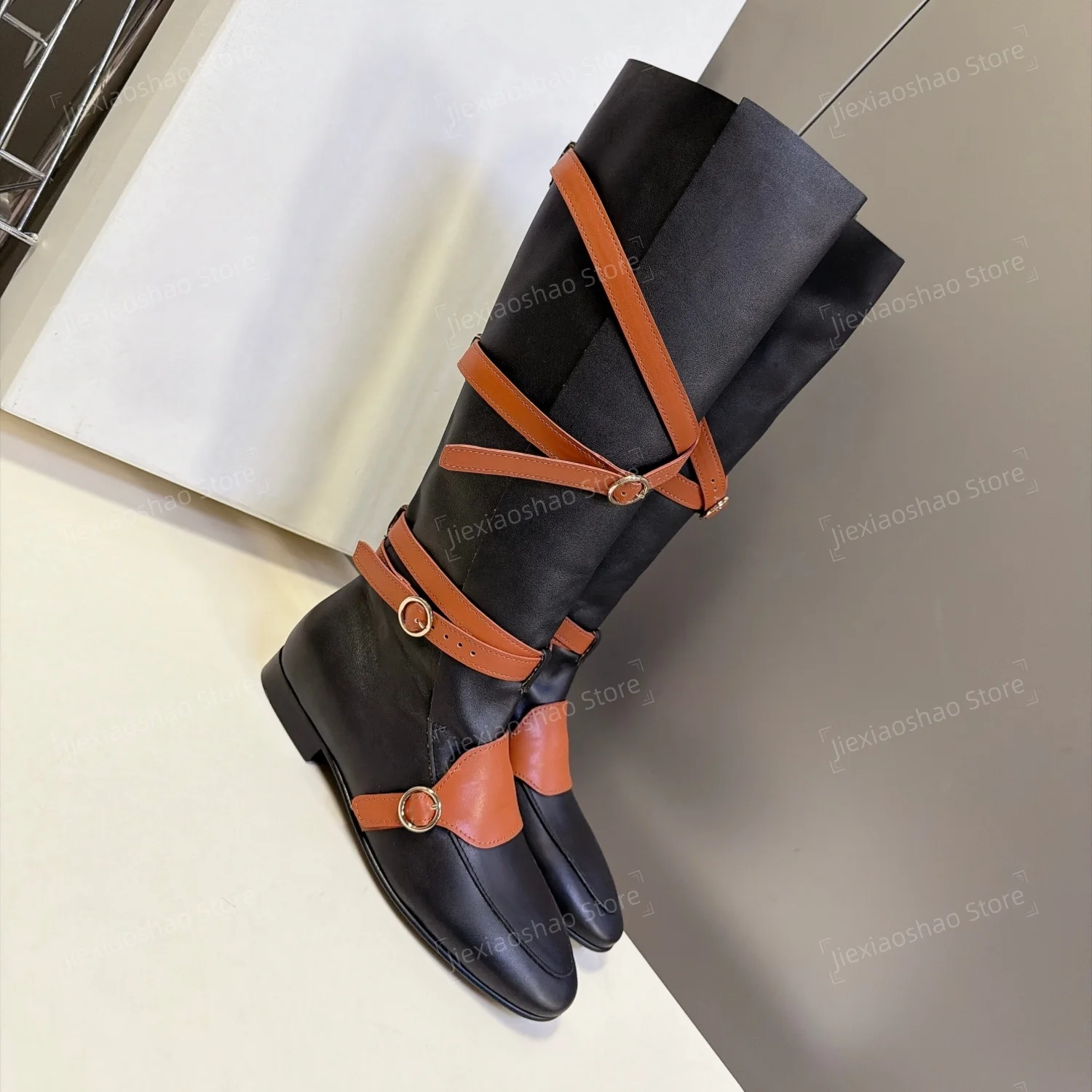 Desinger Genuine Leather Round-Toe Flat Heel Knee High Boots Woman Belt-Buckle Decora Knight Boots Chelsea Boot Sapato Feminino
