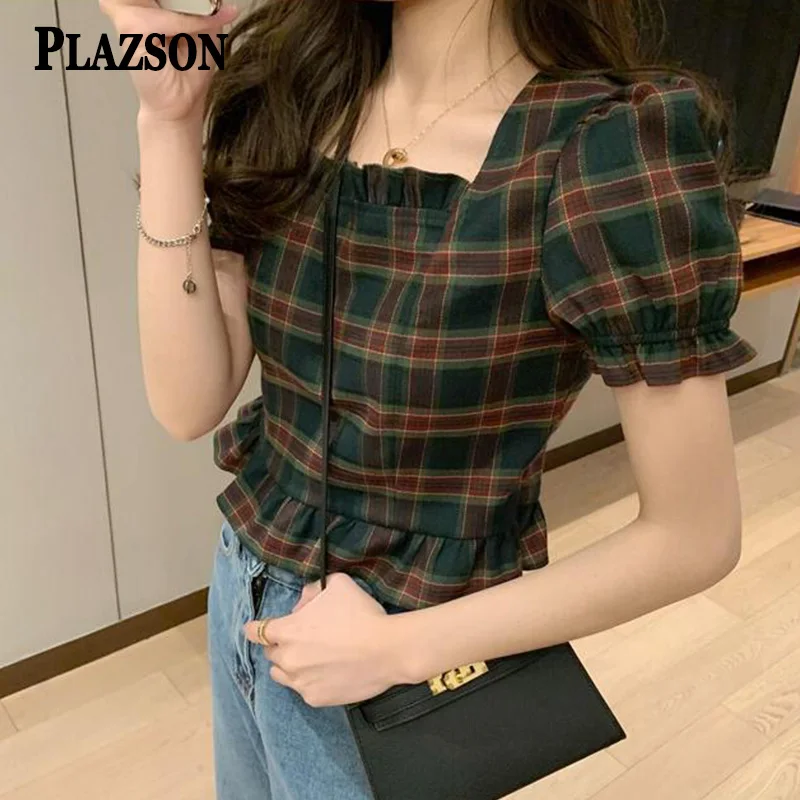 PLAZSON 한국인 리뷰 많은 옷 camisas e blusas Women\'s Plaid Printed Blouse Top blusa feminina Short Sleeve Square Collar Blouses Shirt